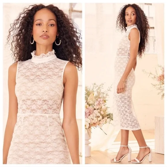 Lulus White Lace Mock Neck Midi Dress White Size L - Picture 7 of 10
